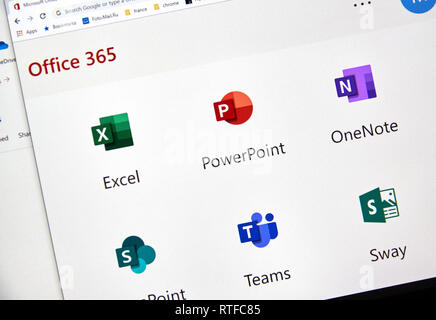 MONTREAL, KANADA - 28. FEBRUAR 2019: Microsofrt Office 365 neue Symbole auf einem PC-Bildschirm. Office 365 ist der Markenname Microsoft verwendet Für eine Gruppe von Tln Stockfoto