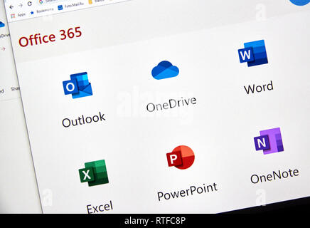 MONTREAL, KANADA - 28. FEBRUAR 2019: Microsofrt Office 365 neue Symbole auf einem PC-Bildschirm. Office 365 ist der Markenname Microsoft verwendet Für eine Gruppe von Tln Stockfoto