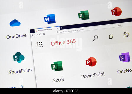 MONTREAL, KANADA - 28. FEBRUAR 2019: Microsofrt Office 365 neue Symbole auf einem PC-Bildschirm. Office 365 ist der Markenname Microsoft verwendet Für eine Gruppe von Tln Stockfoto