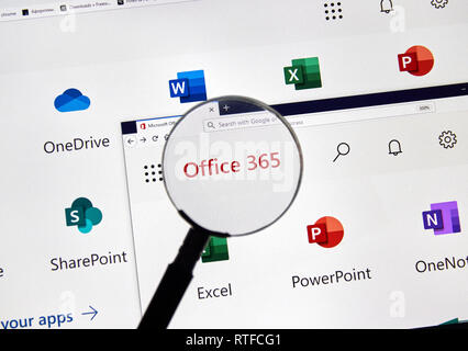 MONTREAL, KANADA - 28. FEBRUAR 2019: Microsofrt Office 365 neue Symbole auf einem PC-Bildschirm. Office 365 ist der Markenname Microsoft verwendet Für eine Gruppe von Tln Stockfoto