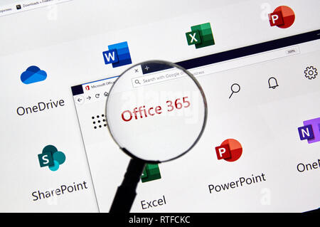 MONTREAL, KANADA - 28. FEBRUAR 2019: Microsofrt Office 365 neue Symbole auf einem PC-Bildschirm. Office 365 ist der Markenname Microsoft verwendet Für eine Gruppe von Tln Stockfoto