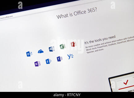 MONTREAL, KANADA - 28. FEBRUAR 2019: Microsoft Office 365 Symbole auf einem PC-Bildschirm. Office 365 ist der Markenname Microsoft verwendet für eine Gruppe von subscripti Stockfoto
