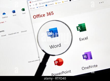 MONTREAL, KANADA - 28. FEBRUAR 2019: Microsoft Word Symbol Neu. Office 365 ist der Markenname Microsoft verwendet für eine Gruppe von Abonnements, die p Stockfoto