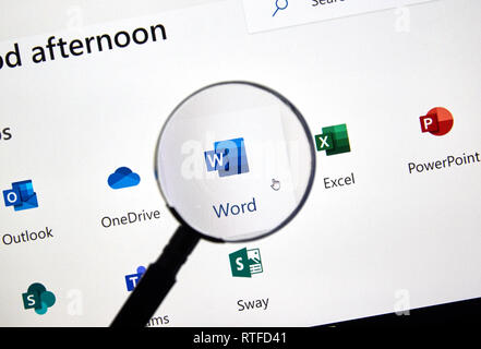 MONTREAL, KANADA - 28. FEBRUAR 2019: Microsoft Word Symbol Neu. Office 365 ist der Markenname Microsoft verwendet für eine Gruppe von Abonnements, die p Stockfoto