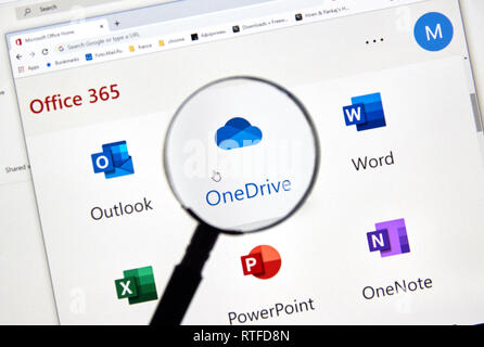 MONTREAL, KANADA - 28. FEBRUAR 2019: Microsoft OneDrive neues Symbol. Office 365 ist der Markenname Microsoft verwendet für eine Gruppe von Abonnements, die PROVI Stockfoto