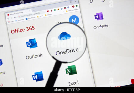 MONTREAL, KANADA - 28. FEBRUAR 2019: Microsoft OneDrive neues Symbol. Office 365 ist der Markenname Microsoft verwendet für eine Gruppe von Abonnements, die PROVI Stockfoto