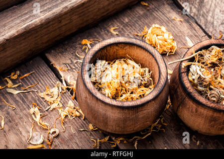 Heilpflanzen. Getrocknete calendula Blüten in Mörtel. Healing Herbs Stockfoto