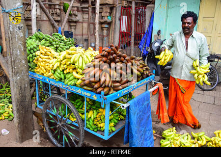 Banane Obst Verkäufer, Trichy, Tiruchirappalli, Tamil Nadu, Indien Stockfoto