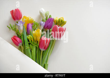 Blumensträuße von Tulpen und Freesie Blumen auf weißem Papier Stockfoto