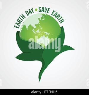 Happy Earth Day Logo Design. Speichern Sie Erde Logo. Earth Globus Symbol in die Blätter gewickelt, auf einer Steigung Hintergrund isoliert. Vektor Tag der Erde Karte Stock Vektor