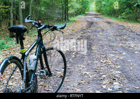 Region Königsberg, Russland, 30. September 2018. Schwarzes Fahrrad im Herbstwald. Stockfoto