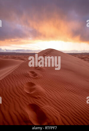 Erstaunlich Sonnenaufgang in den Dünen Erg Chebbi in der Sahara in der Nähe von Fes, Marokko, Afrika. Schönen sand Landschaft mit herrlichem Himmel Stockfoto