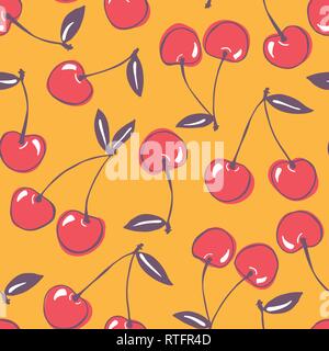 Whimsical handgezeichnete doodle Kirschen Vektor nahtlose Muster Hintergrund. Farbenfrohe abstrakte Sommer Früchte Grafik Drucken perfekt für Kinder. Stock Vektor