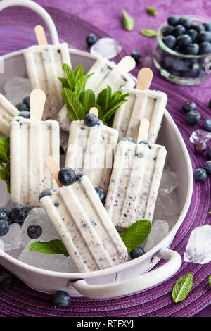 Hausgemachtes Eis Eis am Stiel mit Heidelbeeren und frische Minze Stockfoto