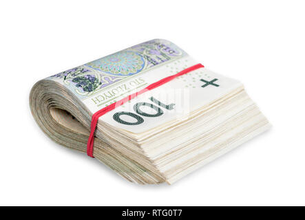 100 Polnische Zloty treibt Bündel mit Gummiband gebunden. Auf weiß isoliert. Pfad enthalten. Stockfoto