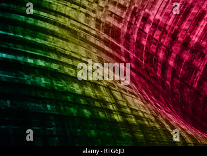 Abweichende konvexe Welle Mosaik von Rot und von ihr ausgehenden Strahlen von grün auf schwarzem Hintergrund Stockfoto