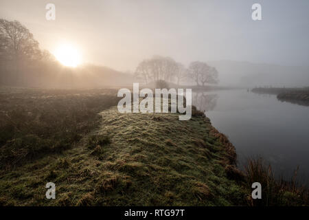 Sonnenaufgang auf einem nebligen Morgen über den Fluss Brathay, zwischen Elterwater und Skelwith Bridge, Lake District, Großbritannien Stockfoto