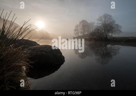 Sonnenaufgang auf einem nebligen Morgen über den Fluss Brathay, zwischen Elterwater und Skelwith Bridge. Bäume spiegelt sich im Wasser. Lake District, Großbritannien Stockfoto