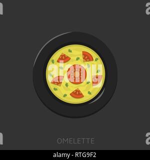 Omelette. Spiegeleier mit Tomaten und Petersilie in einer schwarzen Platte Draufsicht Vector Illustration Stock Vektor