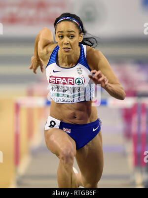 Großbritanniens Katarina Johnson-Thomson im Fünfkampf 60 m Hürden der Frauen während des Tages eine der Europäischen Indoor Leichtathletik WM im Emirates Arena, Glasgow konkurrieren. Stockfoto