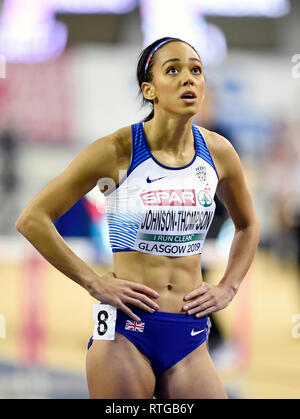 Großbritanniens Katarina Johnson-Thomson im Fünfkampf 60 m Hürden der Frauen während des Tages eine der Europäischen Indoor Leichtathletik WM im Emirates Arena, Glasgow konkurrieren. Stockfoto