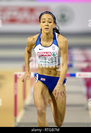 Großbritanniens Katarina Johnson-Thomson im Fünfkampf 60 m Hürden der Frauen während des Tages eine der Europäischen Indoor Leichtathletik WM im Emirates Arena, Glasgow konkurrieren. Stockfoto