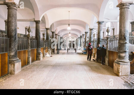 Februar 20, 2019. Die königliche Stabil in Dänemark ist die Stadt Kopenhagen im Gebiet von Christiansborg Slot. Alter Stall mit weissen Pferden in Stal Stockfoto