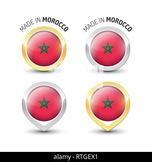 In Marokko - Garantie Label mit der Marokkanischen Flagge runde Gold und Silber Symbole gemacht. Stock Vektor