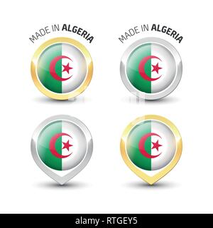 In Algerien - Garantie Label mit der algerischen Flagge runde Gold und Silber Symbole gemacht. Stock Vektor