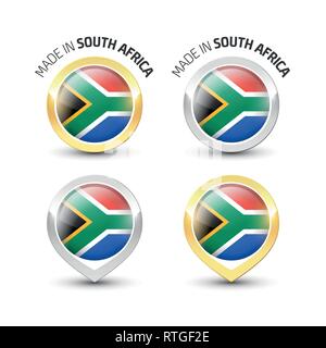 In Südafrika-Garantie Label mit der Südafrikanischen Flagge runde Gold und Silber Symbole. Stock Vektor