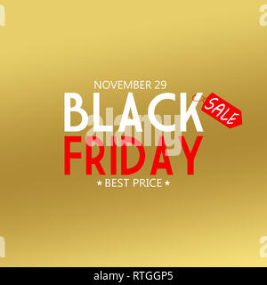 Schwarzer Freitag Schrift mit golden glänzenden Preis Tag für den 29. November 2019 auf einem goldenem Hintergrund. Stockfoto