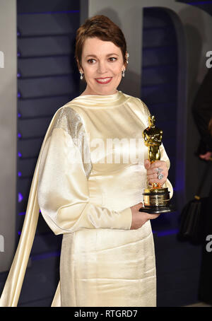 BEVERLY HILLS, Ca - 25. Februar: Olivia Colman, Sieger der Beste Schauspielerin für "Der Favorit", sorgt sich die 2019 Vanity Fair Oscar Partei von Radhika gehostet Stockfoto