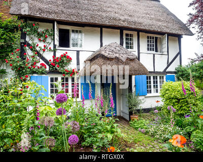 Eine fundamentale Chocolate Box Postkarte typischen reetgedeckten alten Tudor Jacobean Englisch Ferienhaus mit Garten in voller Blüte Stockfoto