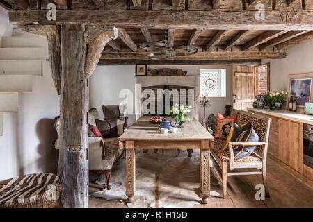 Strahlte Küche mit Edelstahl LED-Leuchten von Mirka McNeill und des 18. Jahrhunderts aus französischen Kalkstein Kamin und Artwork von Jeremy Barlow entworfen Stockfoto