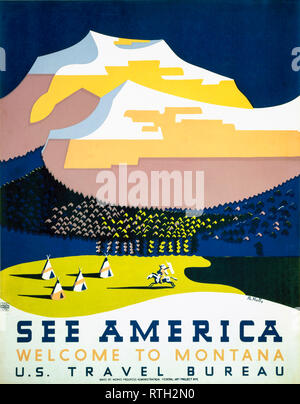 Siehe Amerika, Willkommen in Montana, Vintage Travel Poster, Richard Hall, 1936-1938 Stockfoto