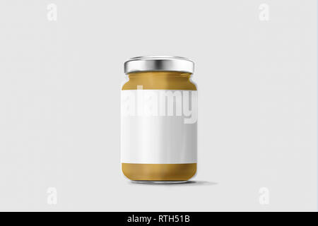 Glas Glas Erdnussbutter mit leeren label Weicher Hintergrund. Mock up. 3D-Rendering. Stockfoto