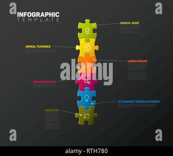 Vektor puzzle Infografik Berichtvorlage aus bunten Jigsaw Pieces, Symbole und Beschreibung Text - dunkle Version vorgenommen. Stock Vektor