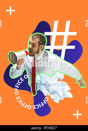 Geschäftsmann schreiend mit einem Megaphon auf farbigen Hintergrund. Geschäftsprozesse, Nachricht, Lautsprecher, Kommunikationskonzept. Zeitgenössische Kunst Collage. Stockfoto