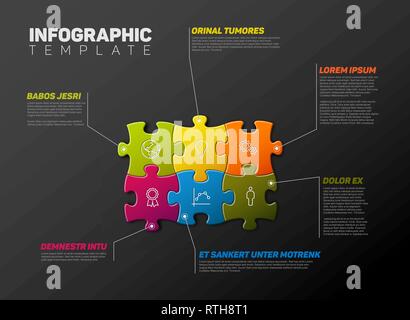 Vektor puzzle Infografik Berichtvorlage aus bunten Jigsaw Pieces, Symbole und Beschreibung Text-dunklen Hintergrund Version vorgenommen. Stock Vektor