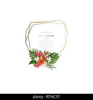 Gold poligonal Rahmen mit tropischen Blumen, Blätter isoliert auf einem weißen Hintergrund. Frame Vorlage Stock Vektor