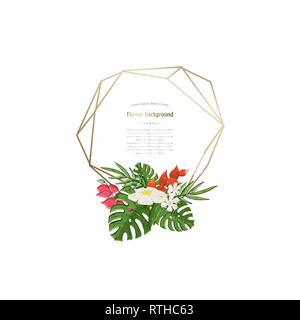 Vektor gold Geometrische vieleckige Rahmen mit tropischen Blumen auf weißem Hintergrund Stock Vektor