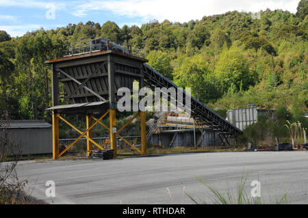 Kohle hopper auf der Website von der Terrasse Mine von Crusader Kohle in der West Coast Stadt Reefton besessen. Stockfoto