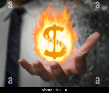 Brennendes Feuer Ball von Dollarzeichen in der Hand des Kaufmanns Stockfoto