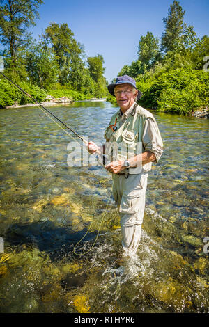 Ein 70 Jahre alter Mann Fliegenfischen in der Cedar River, Western Washington, USA. Stockfoto