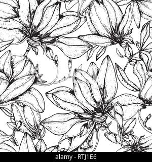 Doodle Blumen magnolia nahtlose Muster in Vektor mit doodles schwarze und weiße Färbung Seite Stock Vektor