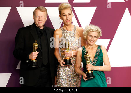 Greg Cannom, Kate Biscoe und Patricia Dehaney, Gewinner der besten Make-up und Hairstyling für 'Vice, 'pose in der Presse während der 91. jährlichen Academy Awards in Hollywood und Highland Center am Februar 24, 2019 in Hollywood, Kalifornien. Stockfoto