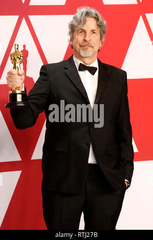 Peter Farrelly, Gewinner der besten Bild- und Best Original Screenplay Award für "Grünbuch", in der Presse Zimmer auf der 91. jährlichen Academy Awards stellt in Hollywood und Highland Center am Februar 24, 2019 in Hollywood, Kalifornien. Stockfoto