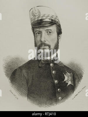 Juan Prim, 1 Marquis von los Castillejos (1814-1870). Spanisch militärischer Führer und Politiker. Zeichnung von Llanta (Fl. 1866 - 1872). Die Lithographie. Crónica de España, Historia y Ilustrada Descriptiva de Sus Provincias. Katalonien. 1866. Stockfoto