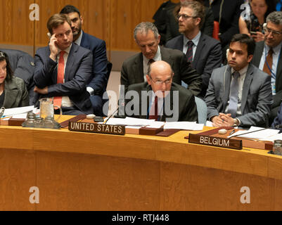 New York, Vereinigte Staaten. 28 Feb, 2019. Der US-Gesandte zu Venezuela Elliott Abrams spricht im UNO-Sicherheitsrat Sitzung über die Situation in Venezuela am UN-Hauptquartier Credit: Lev Radin/Pacific Press/Alamy leben Nachrichten Stockfoto