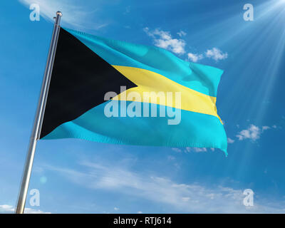 Bahamas Flagge schwenkten auf Pole gegen Sonne und blauer Himmel. High Definition Stockfoto